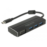 DeLOCK USB-C 3.1 > 3x USB-A 3.0 + 1x VGA usb-hub Zwart, 0,15 meter